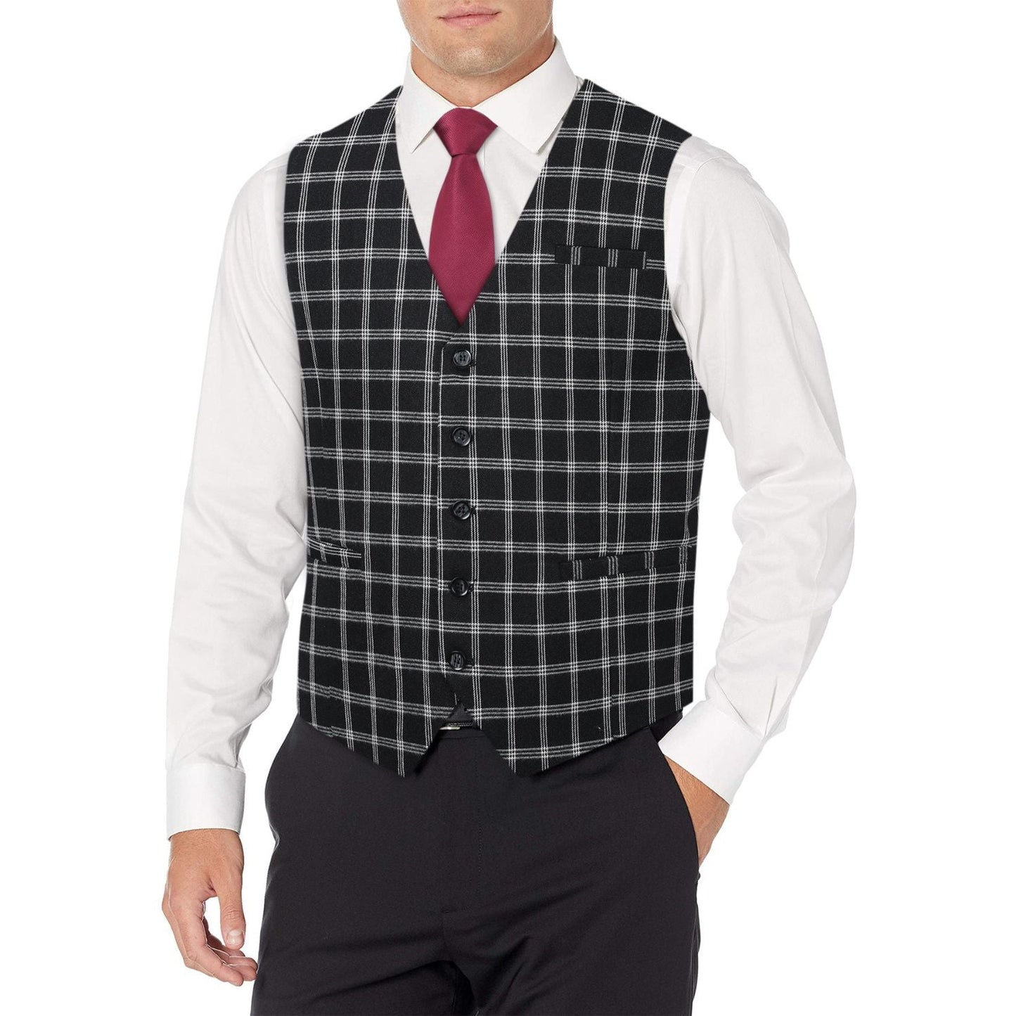 Hisdern Men's Black White Plaid Wedding Vest For Skinny Guys