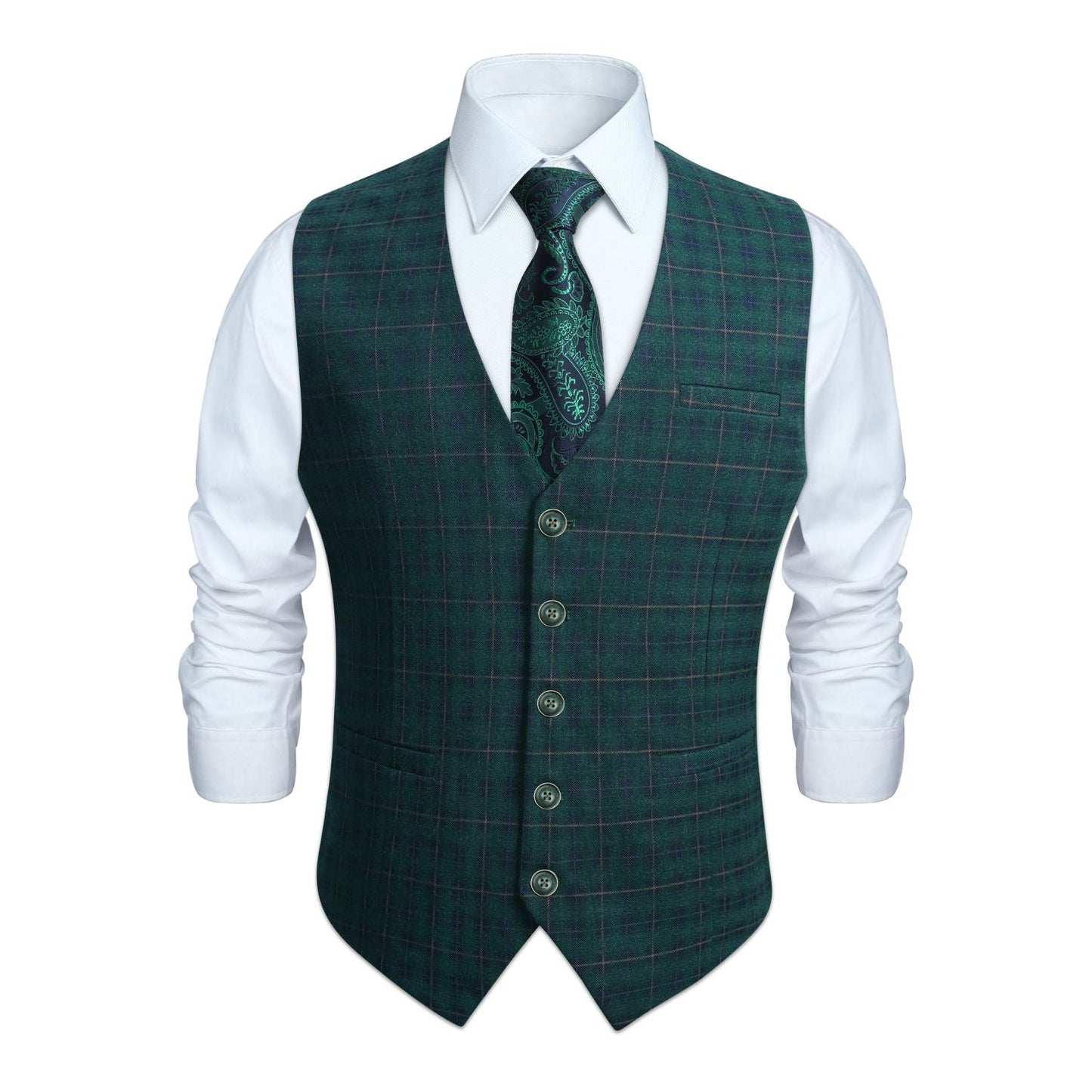 Hisdern Men's Green Plaid Wedding Vest For Skinny Guys