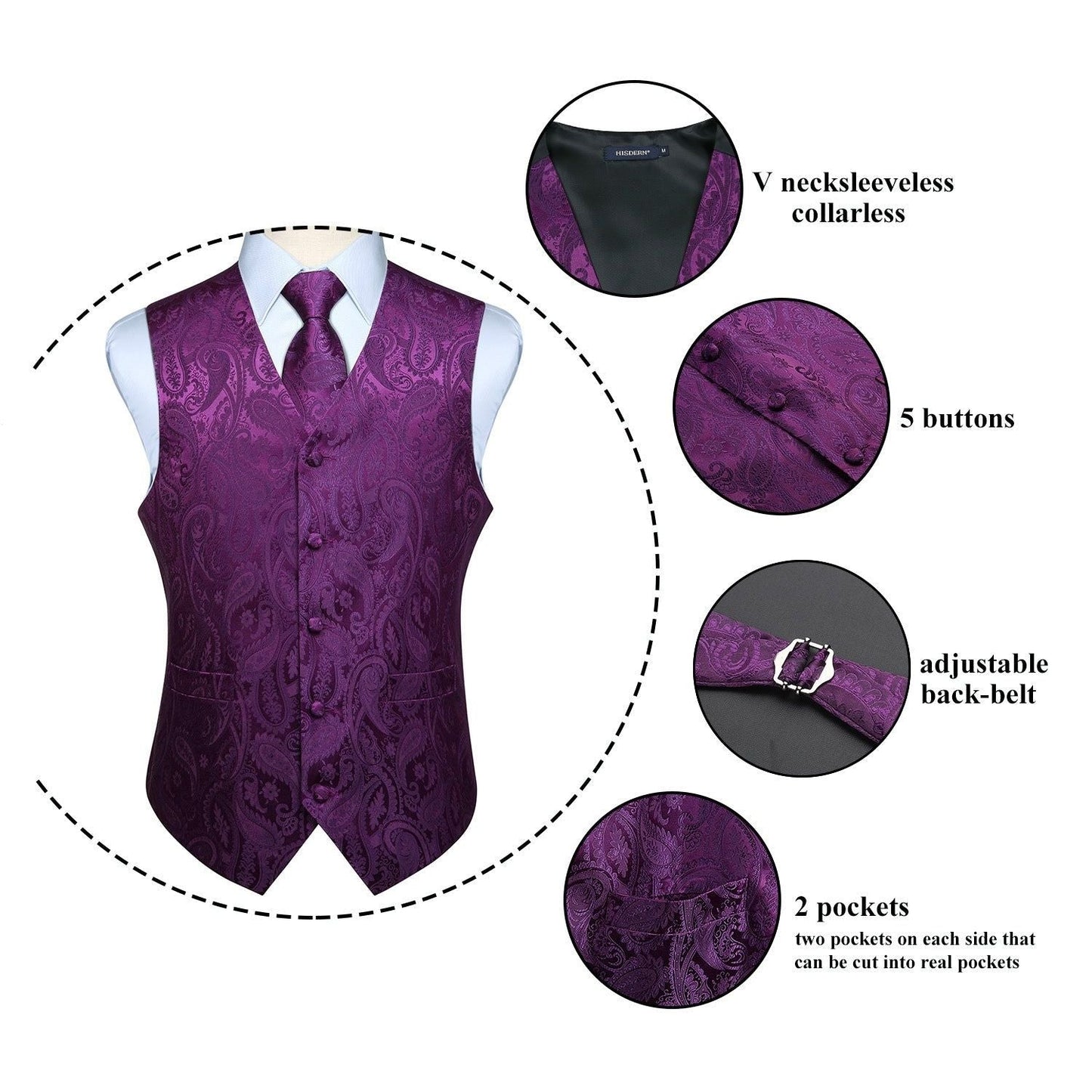 Hisdern Men's Purple Paisley Vest Tie Set For Weddings