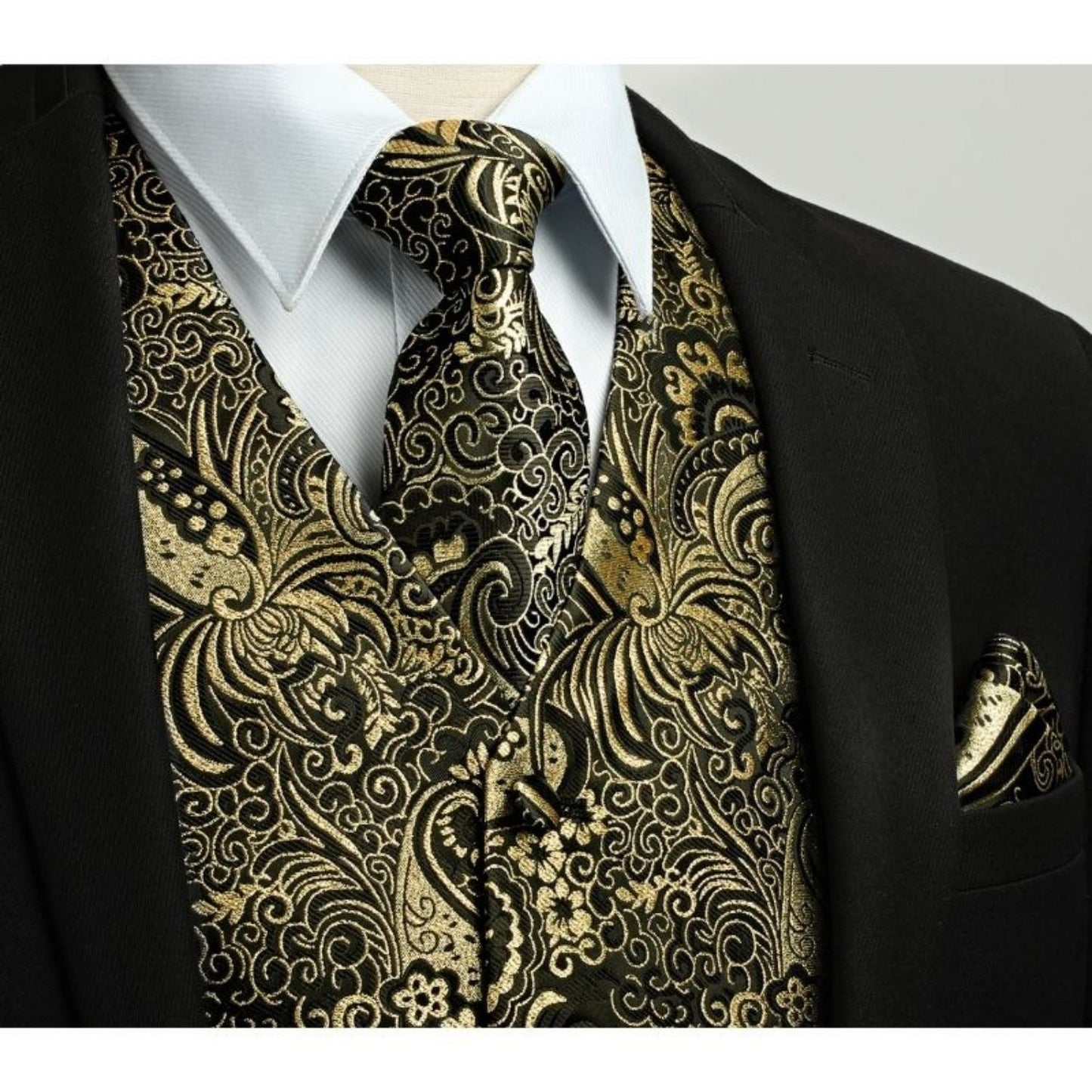 Hisdern Men's Gold Black Paisley Vest Tie Set For Weddings