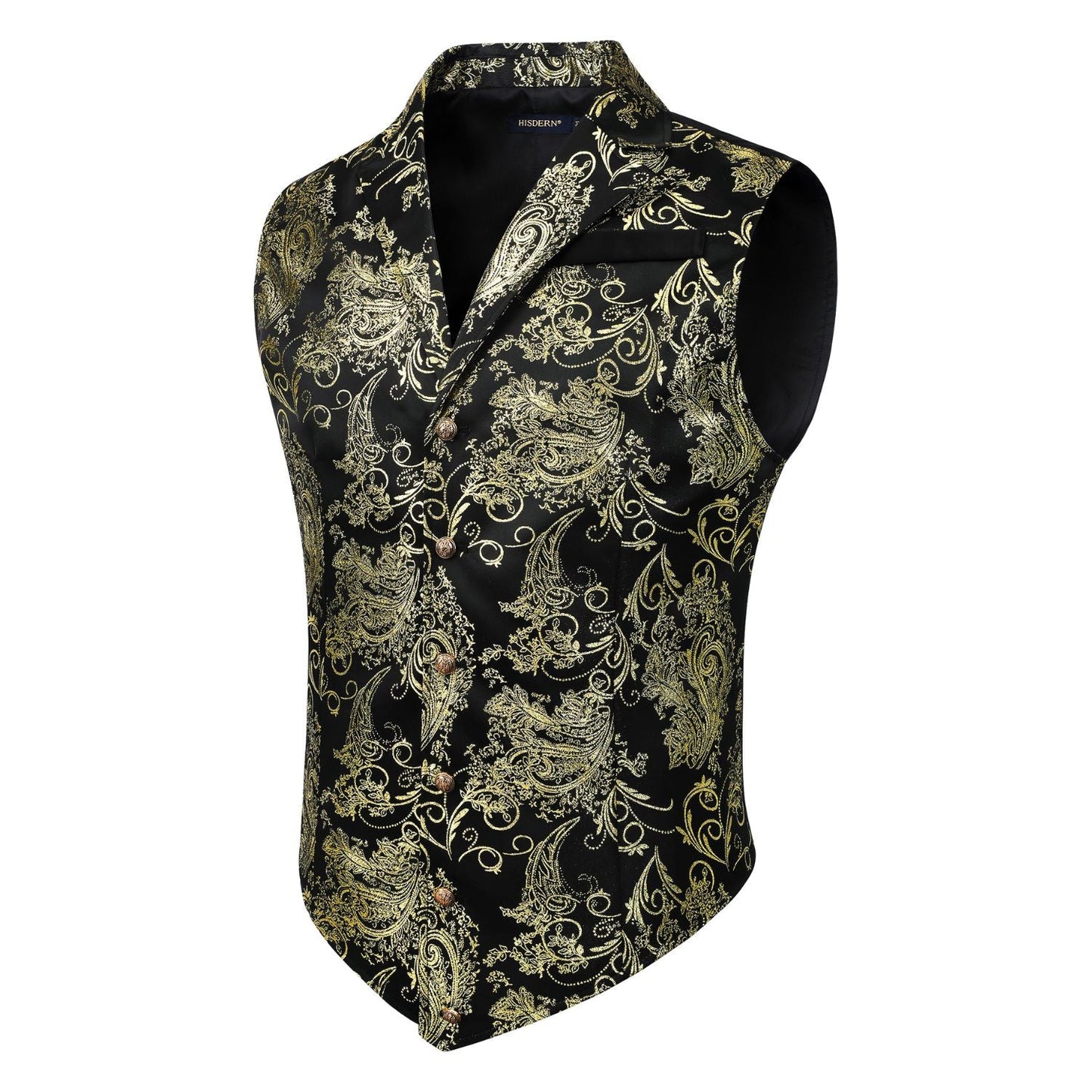 Hisdern Gothic Men's Formal Vest Black Gold Lapel Party Coat