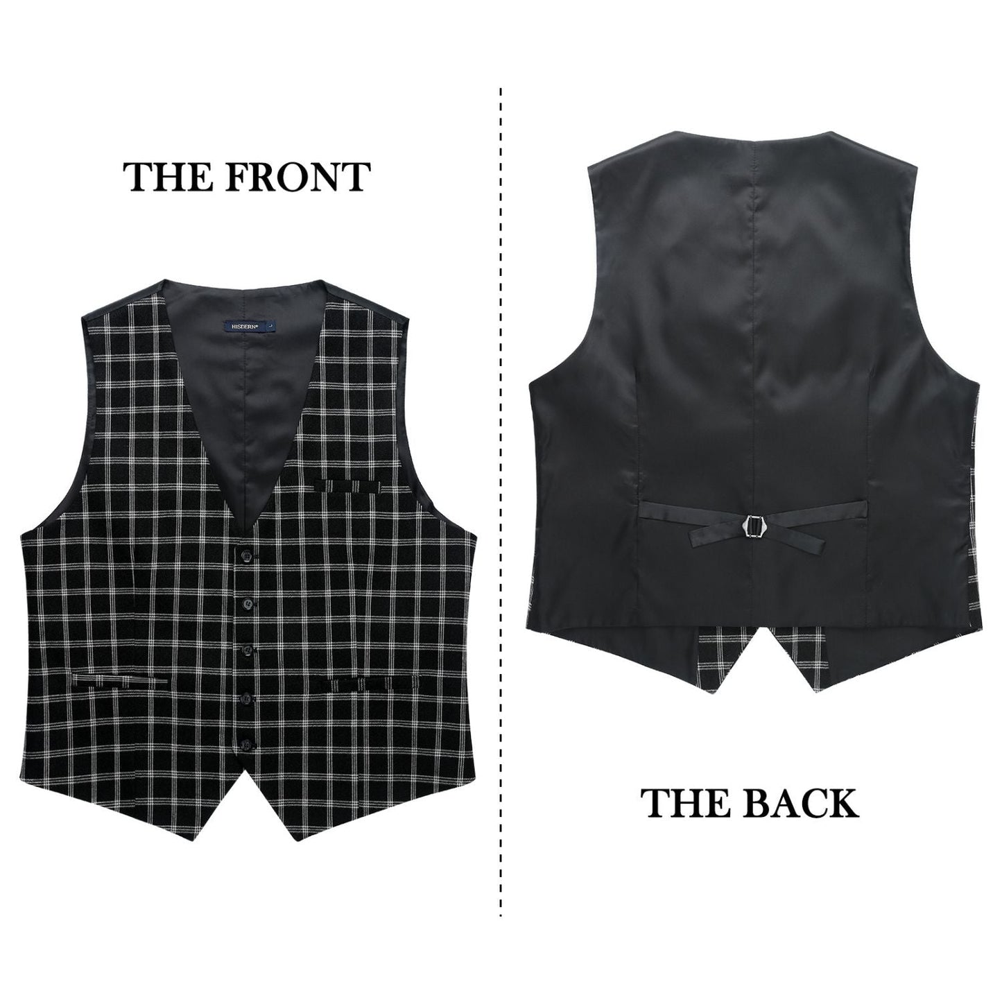 Hisdern Men's Black White Plaid Wedding Vest For Skinny Guys