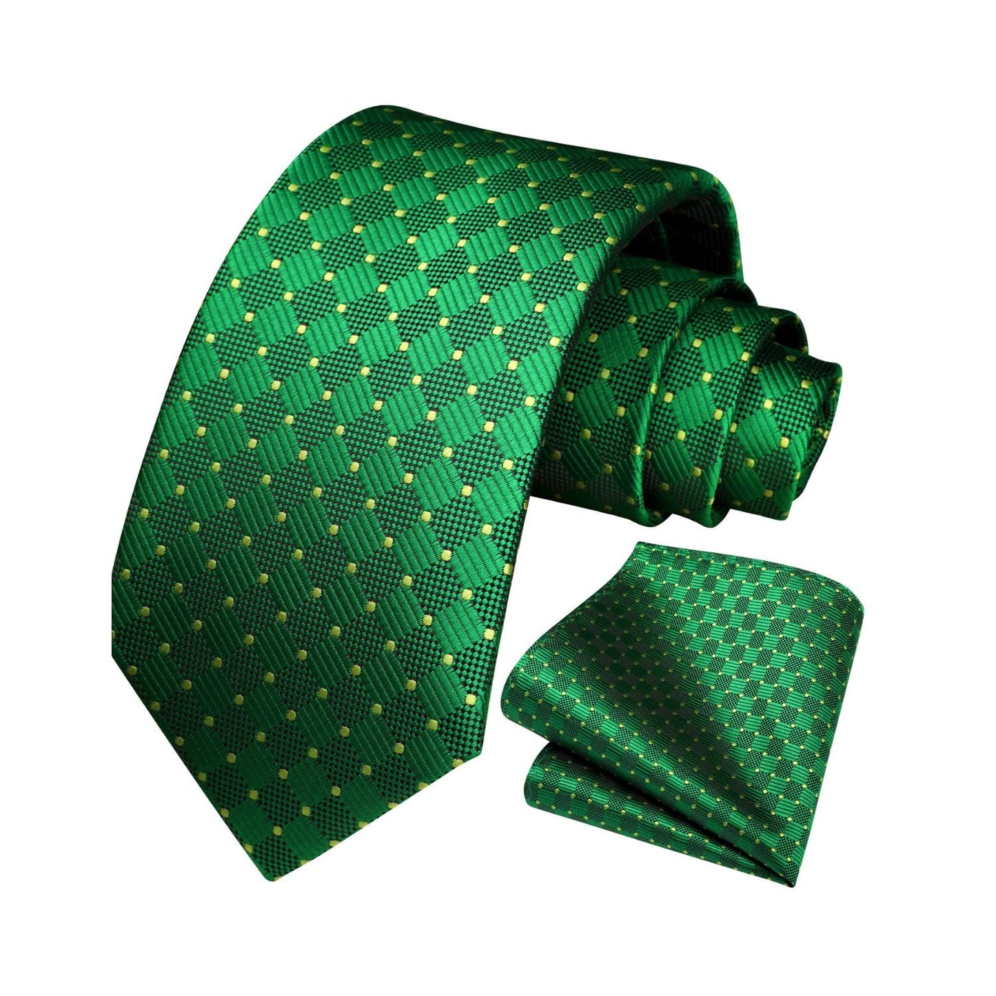 Hisdern Emerald Green Plaid Pocket Square With Matching Tie