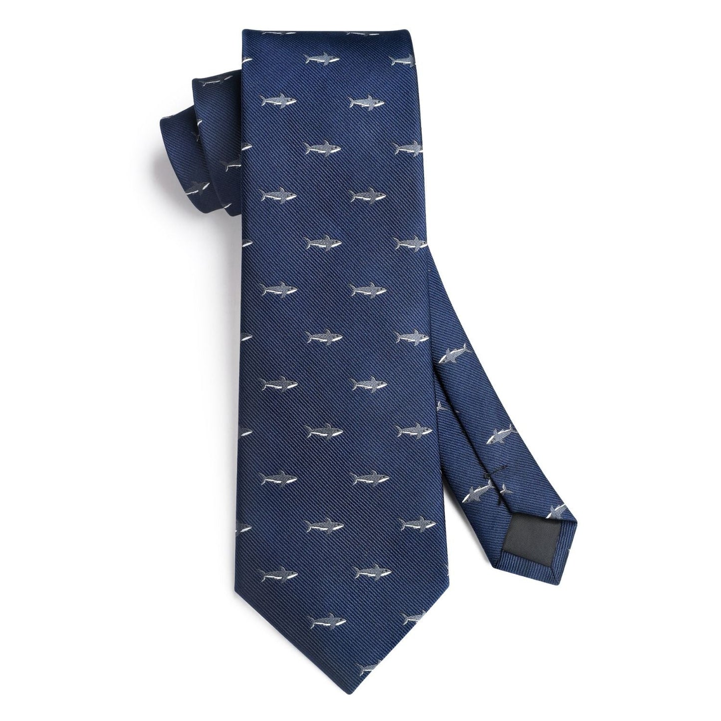 Hisdern Navy Blue Shark Cute Print Pattern Tie Set