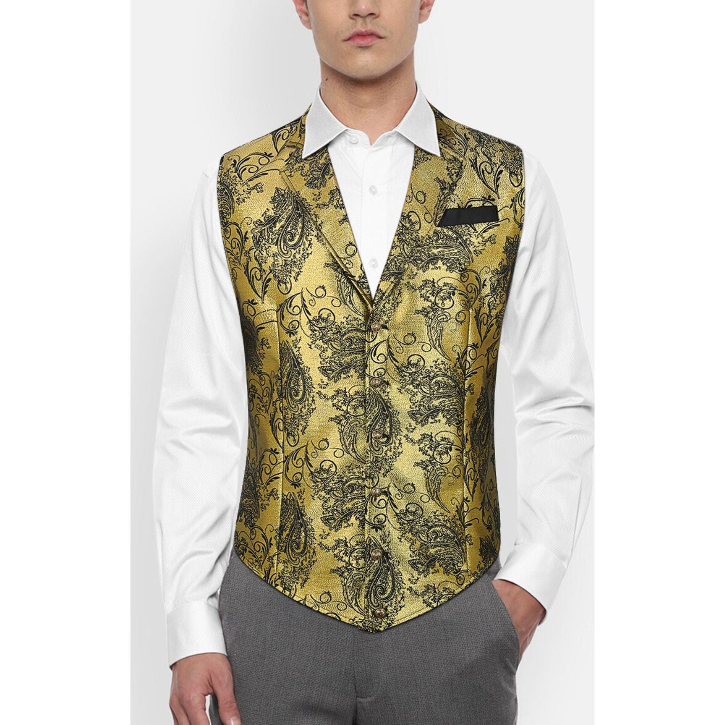 Hisdern Gothic Men's Formal Vest Gold Black Lapel Party Coat