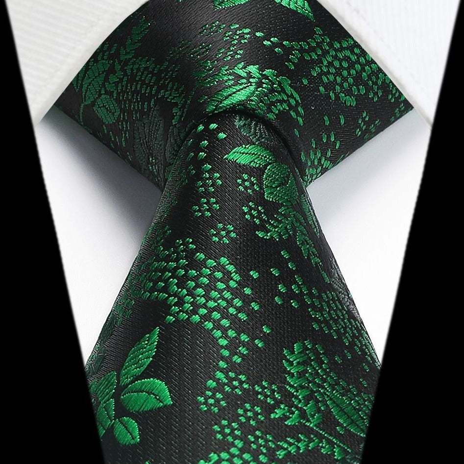 Hisdern Green Black Wedding Tie Set – Floral Tie & Pocket Square