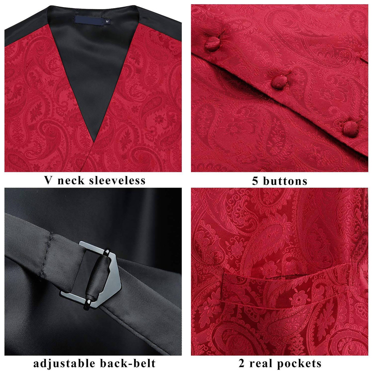 Hisdern Men's Red Paisley Vest Tie Set For Weddings