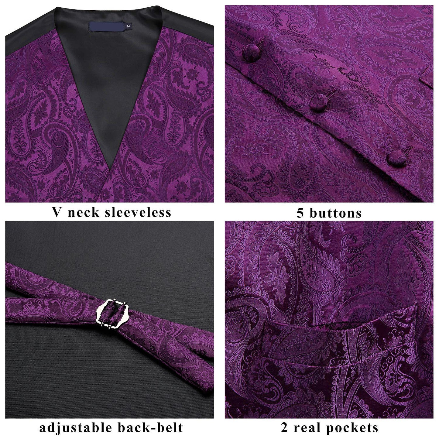 Hisdern Men's Purple Paisley Vest Tie Set For Weddings