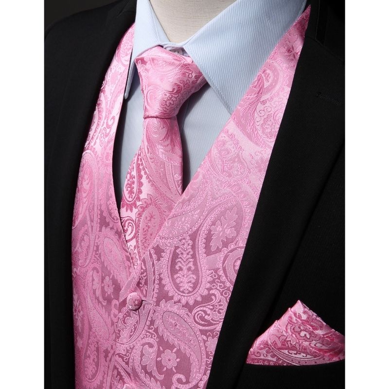Hisdern Men's Pink Paisley Vest Tie Set For Weddings Anniversary