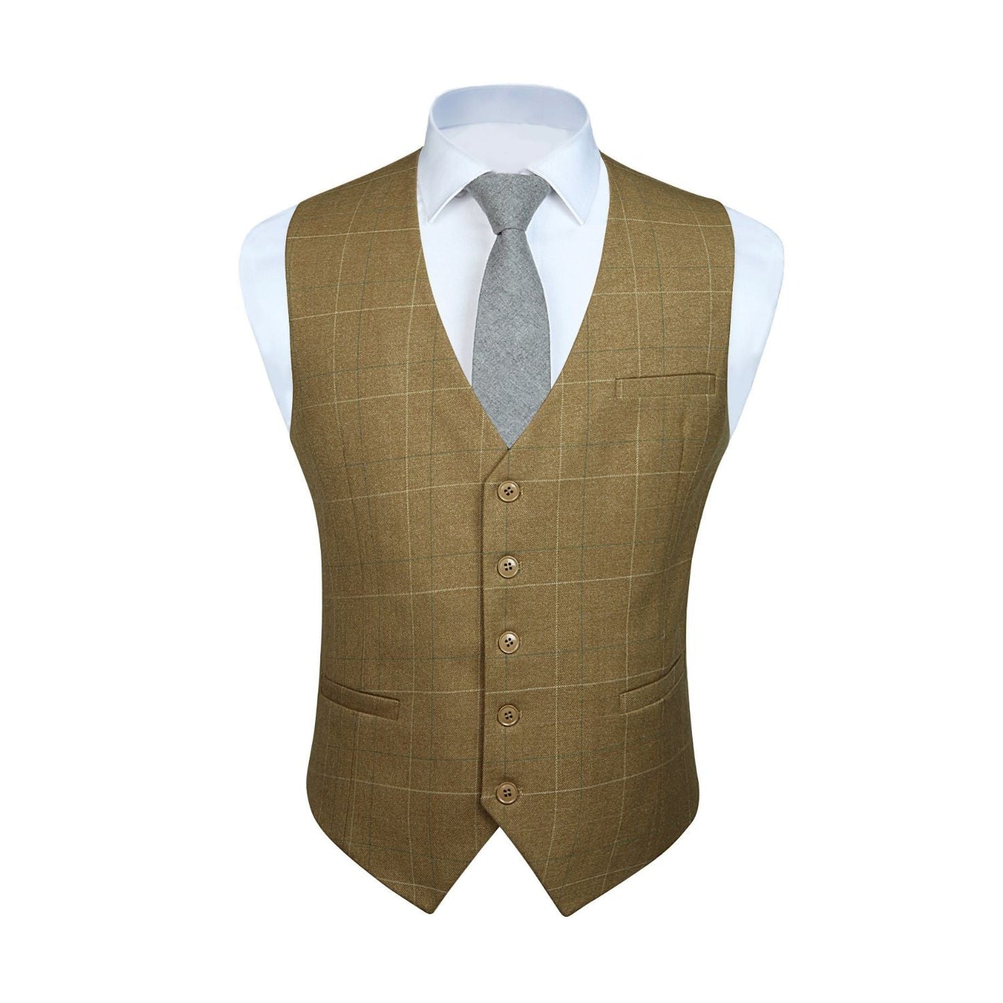 Hisdern Men's Khaki Plaid Wedding Vest For Skinny Guys