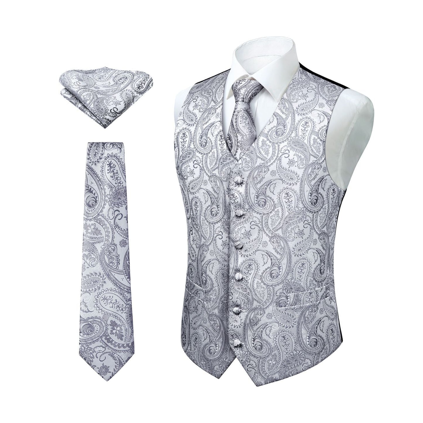 Hisdern Men's Grey Paisley Vest Tie Set For Weddings Anniversary