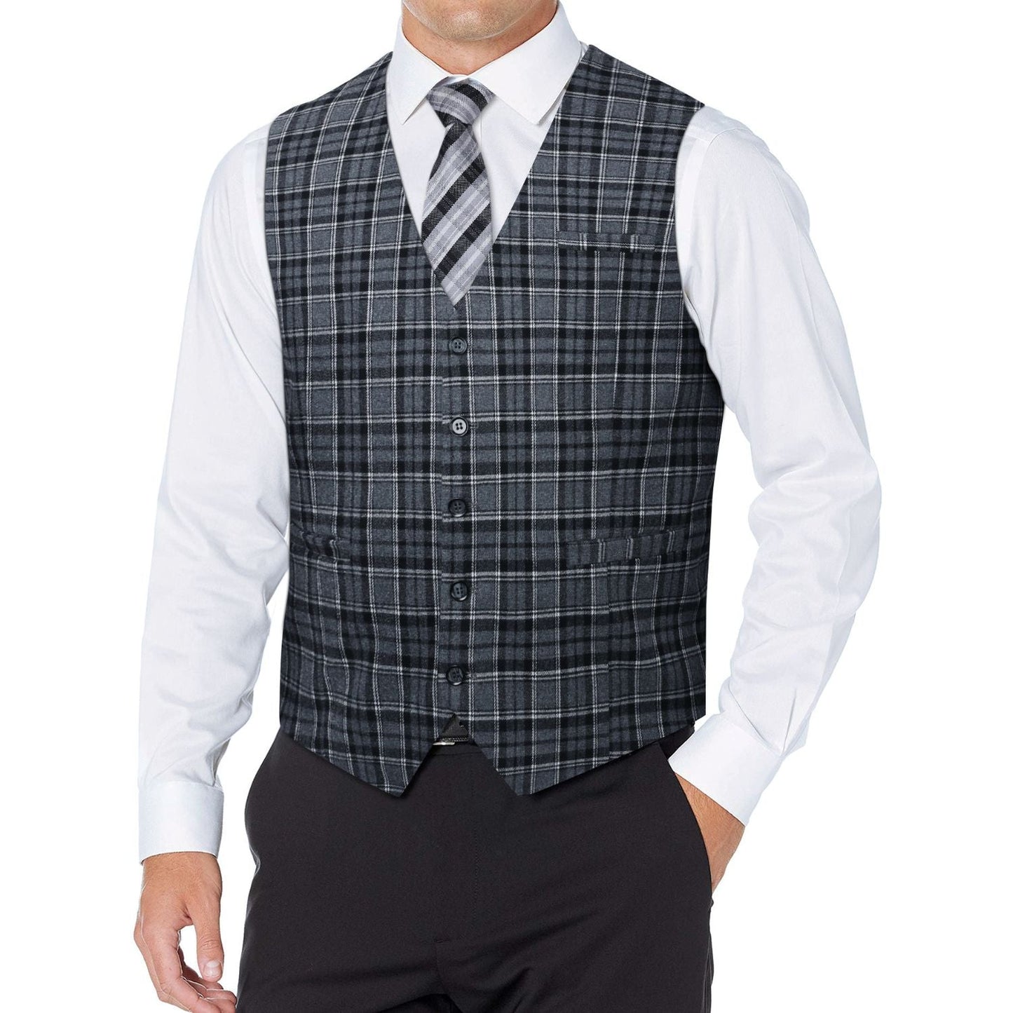 Hisdern Men's Grey Plaid Wedding Vest For Skinny Guys