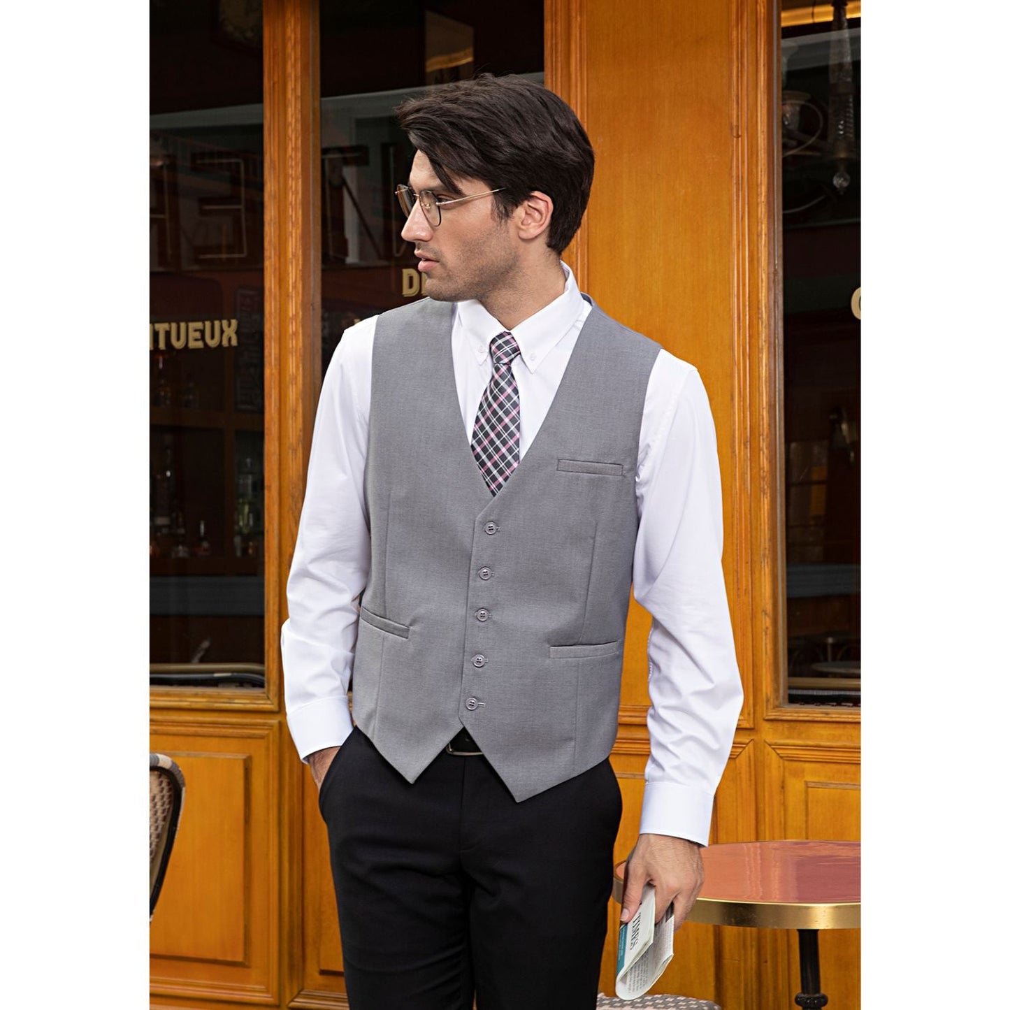 Hisdern Light Grey Satin Vest - Elegant Wear for Office
