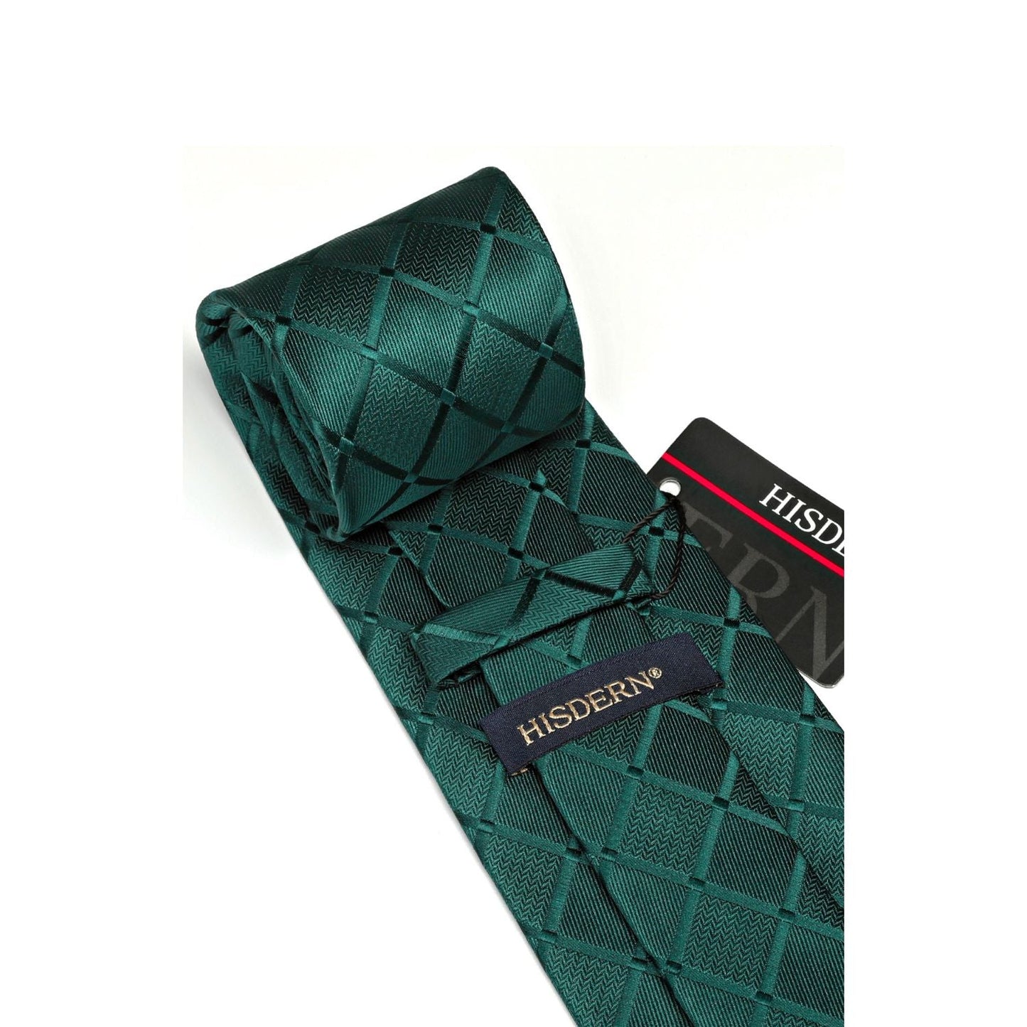 Hisdern Dark Green Plaid Wedding Accessories Set with Cufflinks Clip