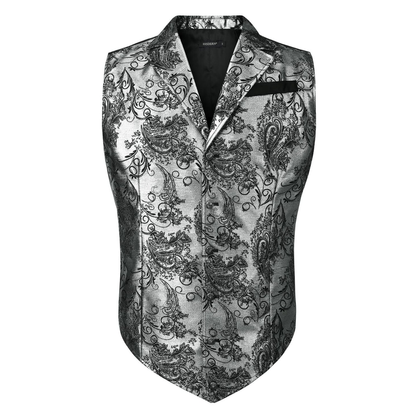 Hisdern Gothic Men's Formal Vest Silver Black Lapel Party Coat