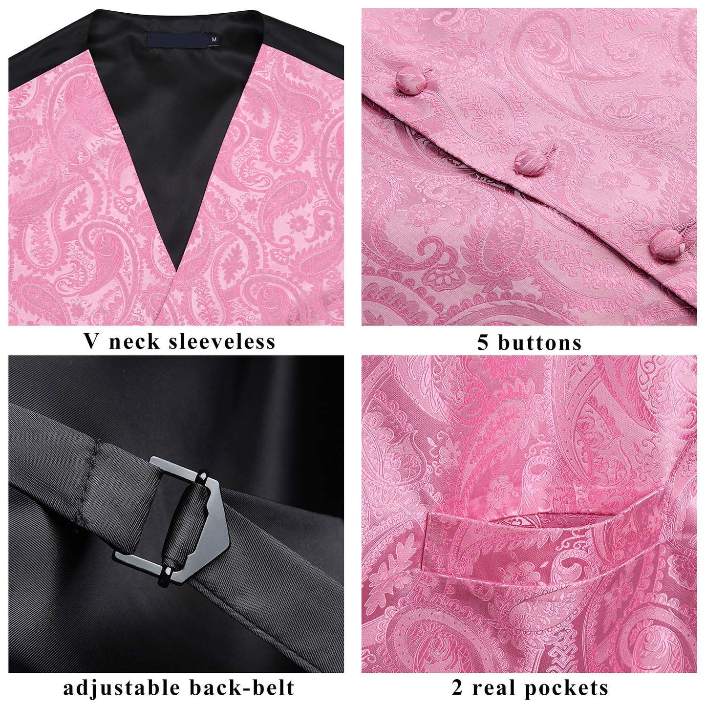 Hisdern Men's Pink Paisley Vest Tie Set For Weddings Anniversary