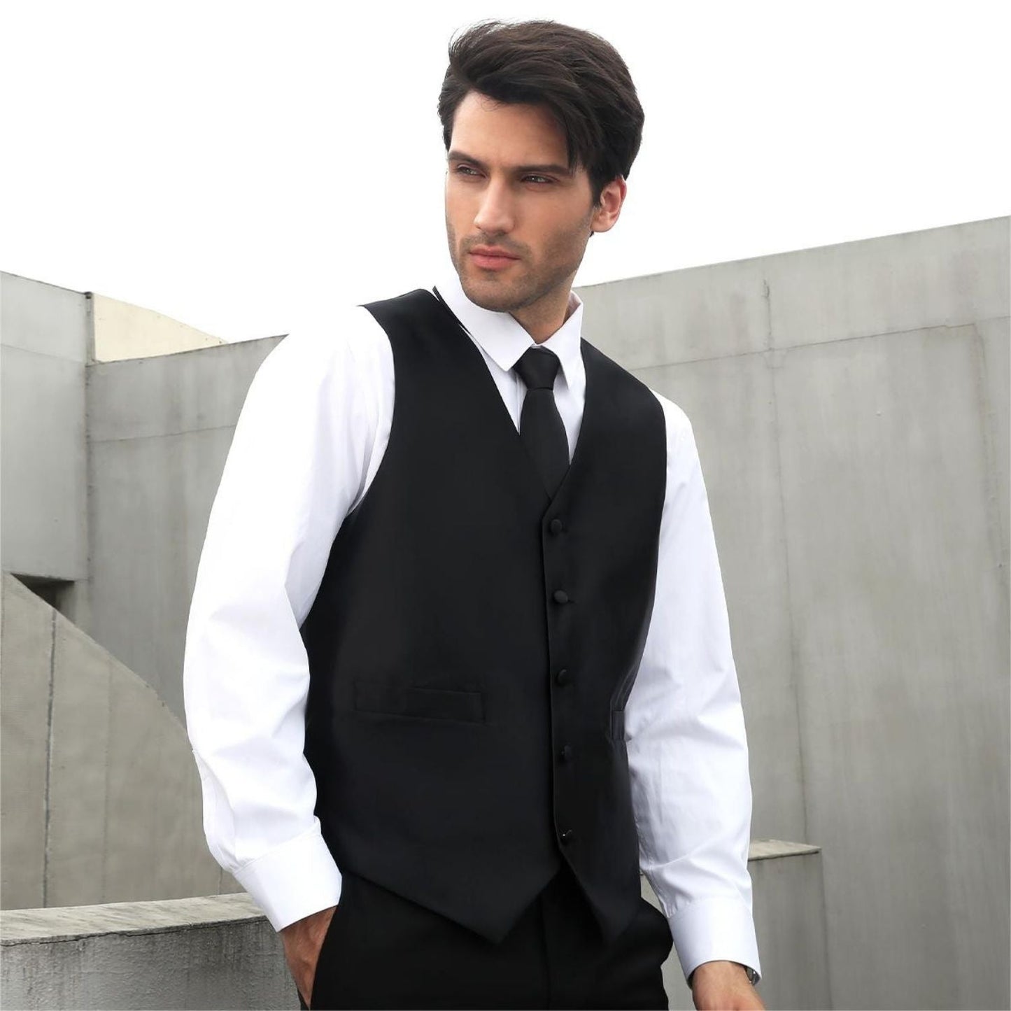 Hisdern BLACK Solid 3pc Suit Vest Set for wedding