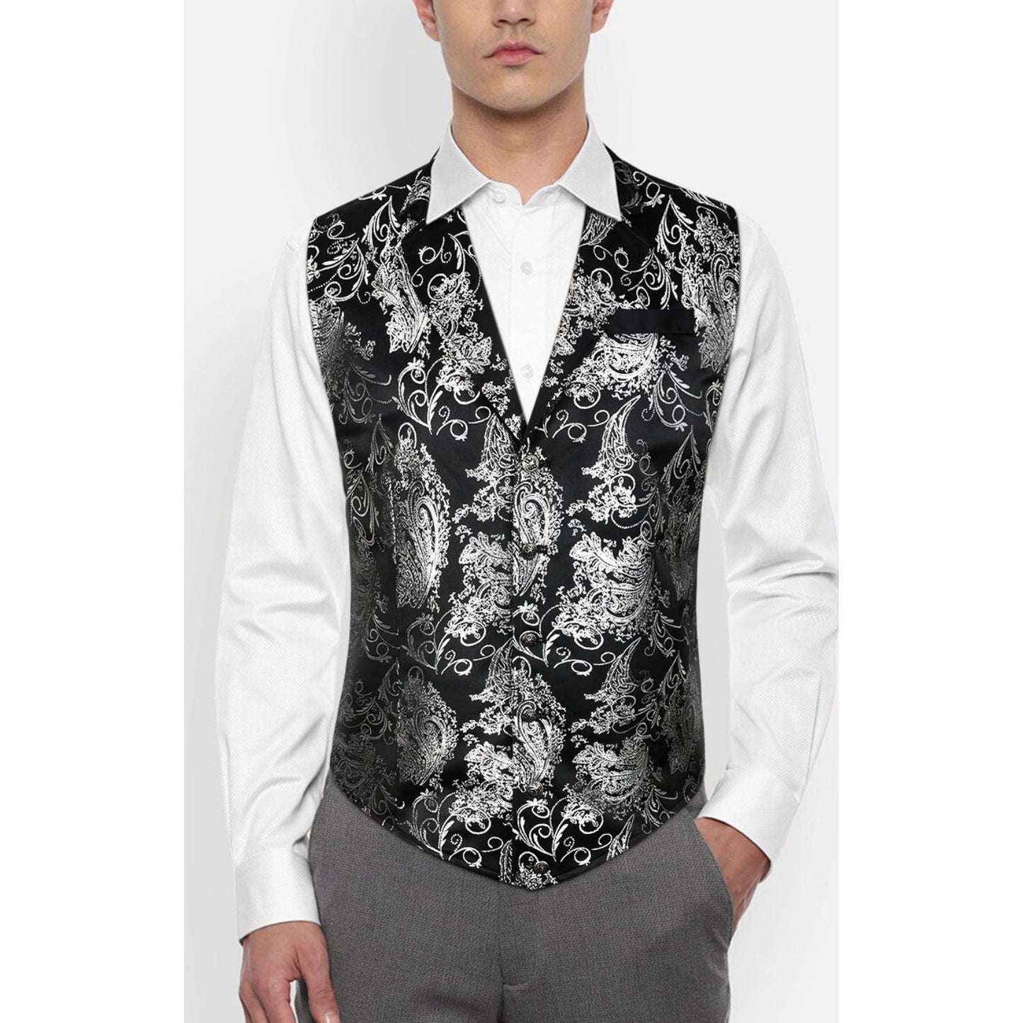 Hisdern Gothic Men's Formal Vest Black Sliver Lapel Party Coat