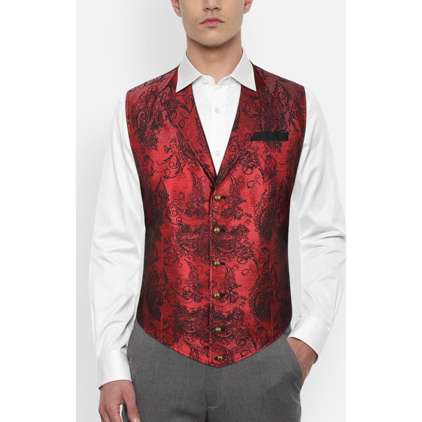 Hisdern Gothic Men's Formal Vest Silver Red Black Lapel Party Coat