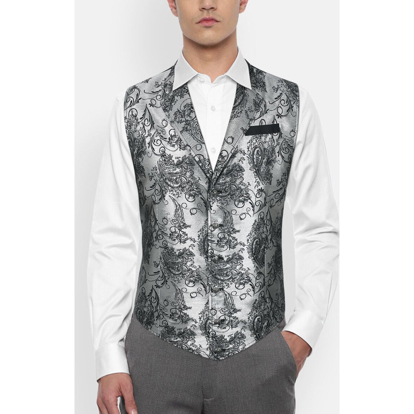 Hisdern Gothic Men's Formal Vest Silver Black Lapel Party Coat