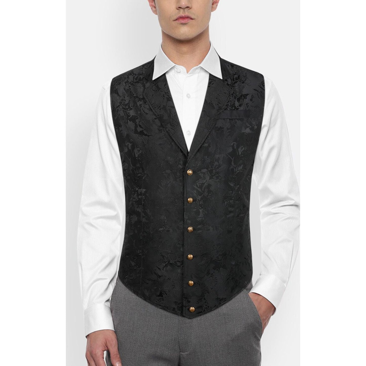 Hisdern Gothic Men's Formal Vest Black Lapel Party Coat