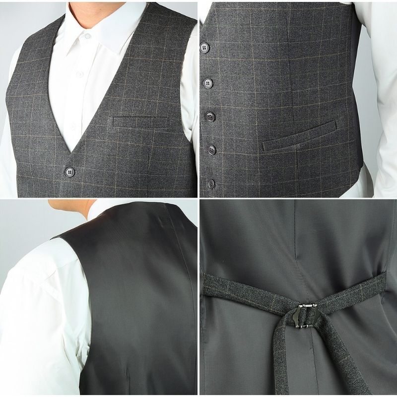 Hisdern Men's Charcoal Grey Plaid Wedding Vest For Skinny Guys