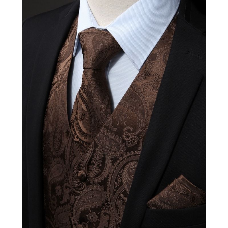 Hisdern Men's Brown Paisley Vest Tie Set For Weddings Anniversary