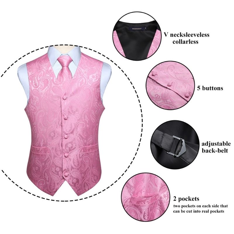 Hisdern Men's Pink Paisley Vest Tie Set For Weddings Anniversary