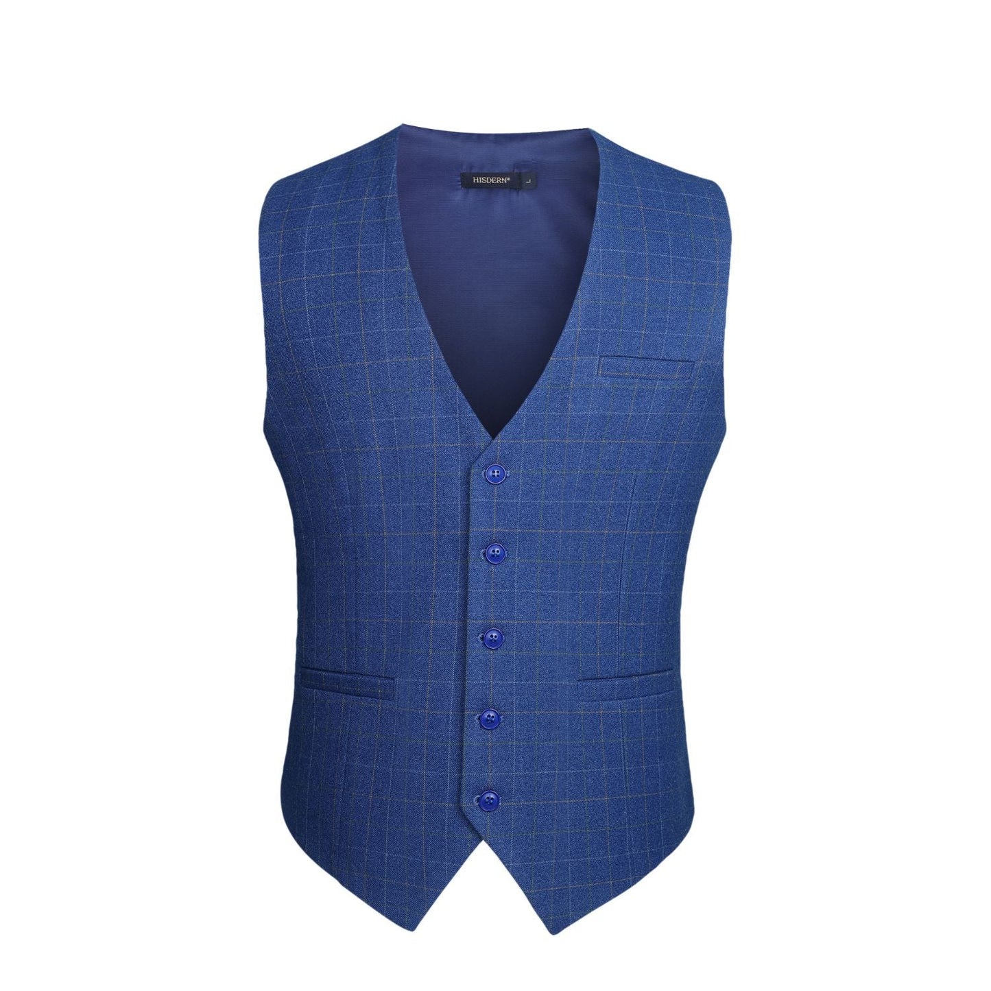 Hisdern Men's Royal Blue Plaid Slim Suit Vest Formal Wear
