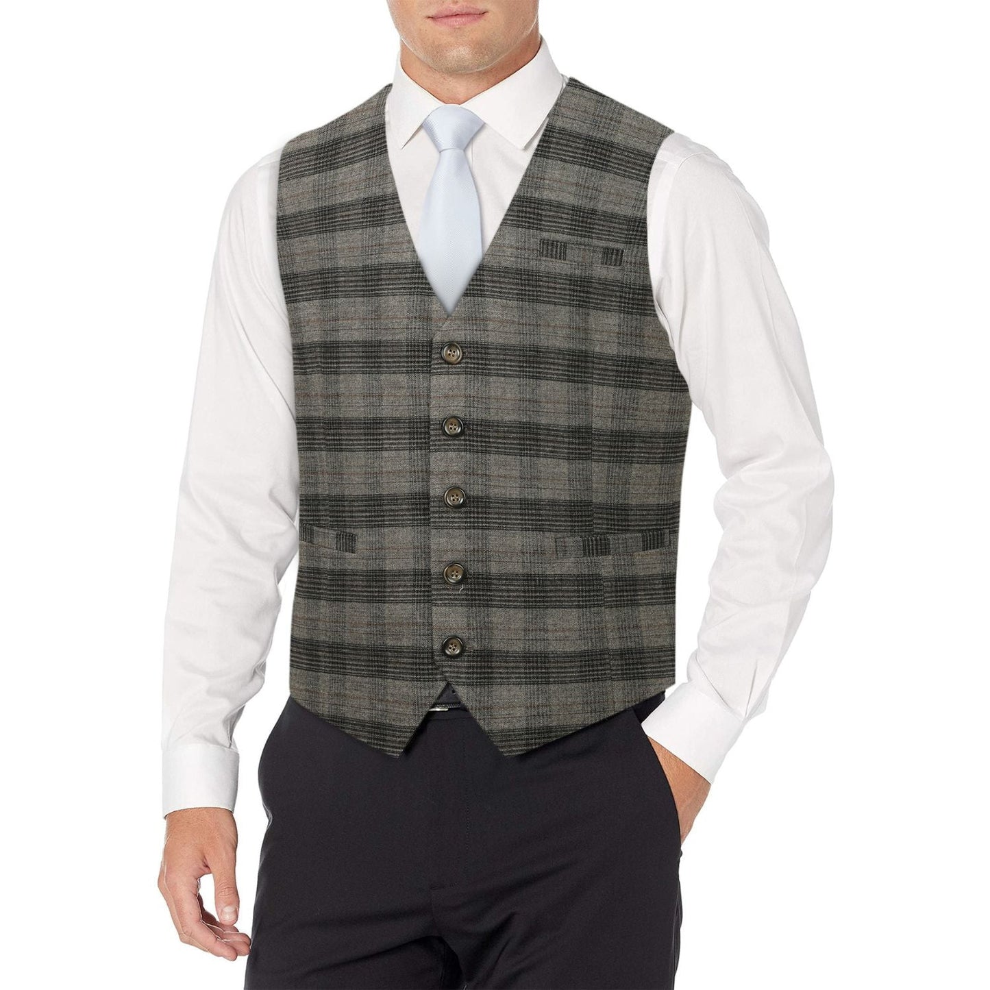 Hisdern Men's Brown Plaid Wedding Vest For Skinny Guys