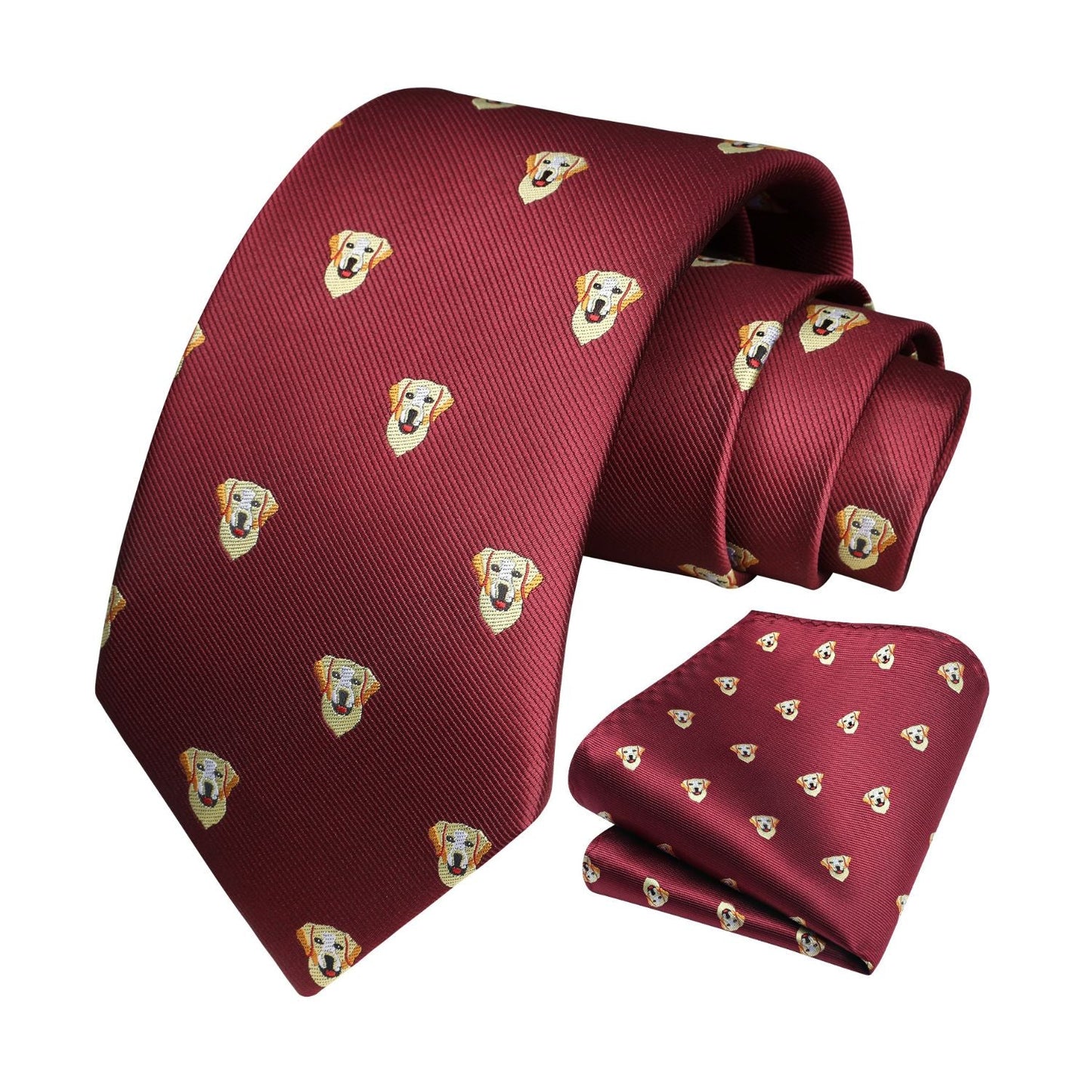 Hisdern Burgundy Golden Retriever Cute Pattern Tie Set