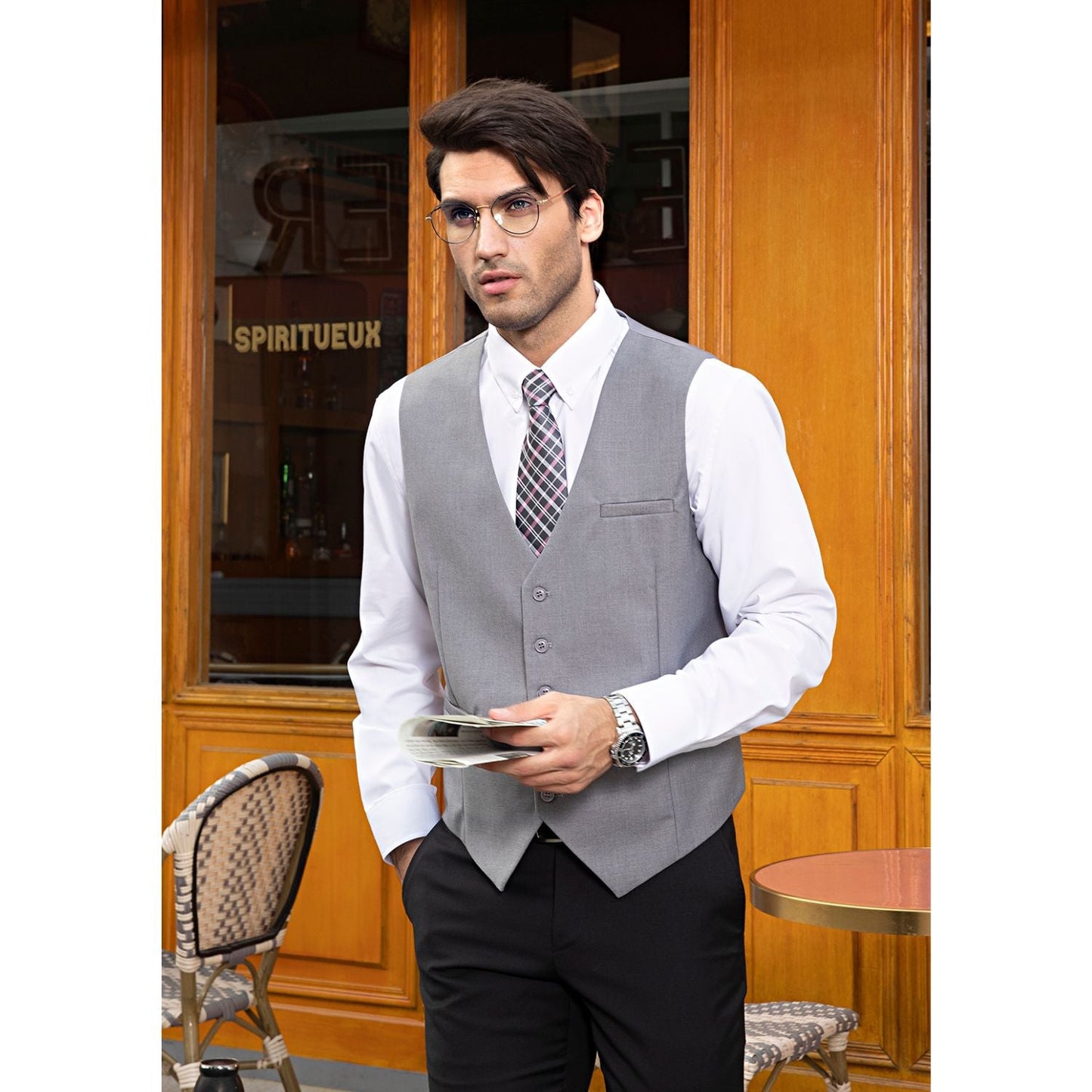 Hisdern Light Grey Satin Vest - Elegant Wear for Office