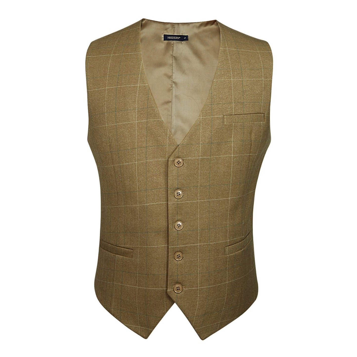 Hisdern Men's Khaki Plaid Wedding Vest For Skinny Guys