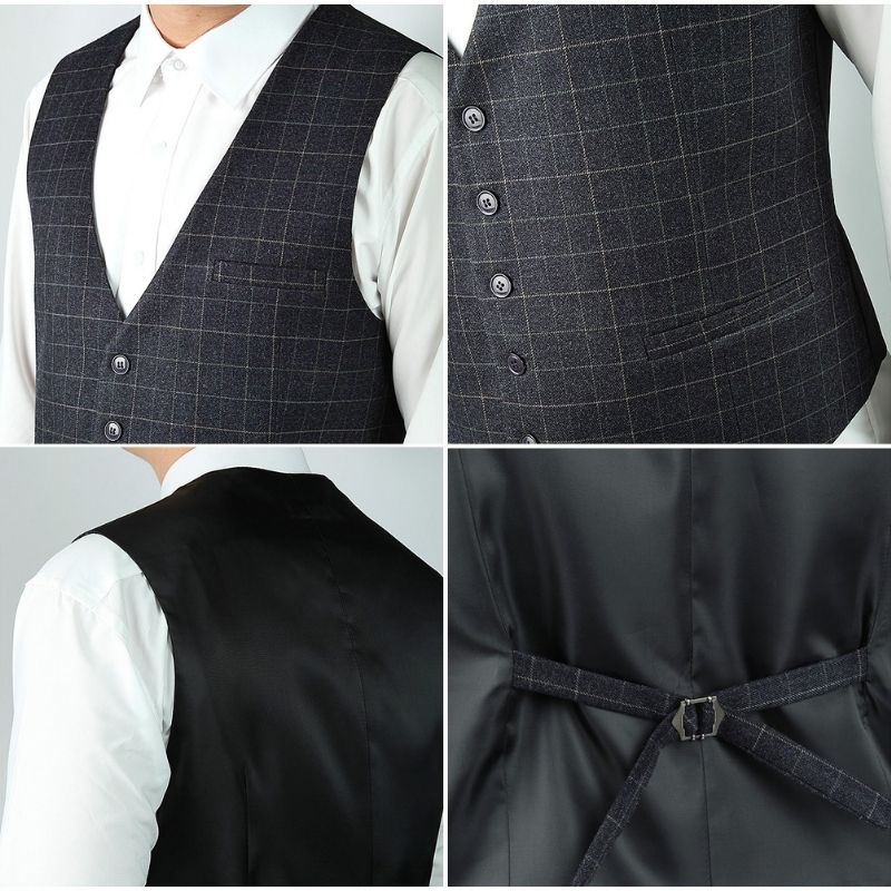 Hisdern Men's Dark Black Plaid Wedding Vest For Skinny Guys