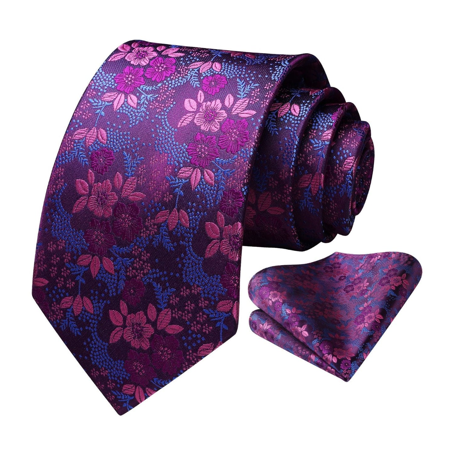Hisdern Hot Pink Blue Wedding Tie Set – Floral Tie & Pocket Square