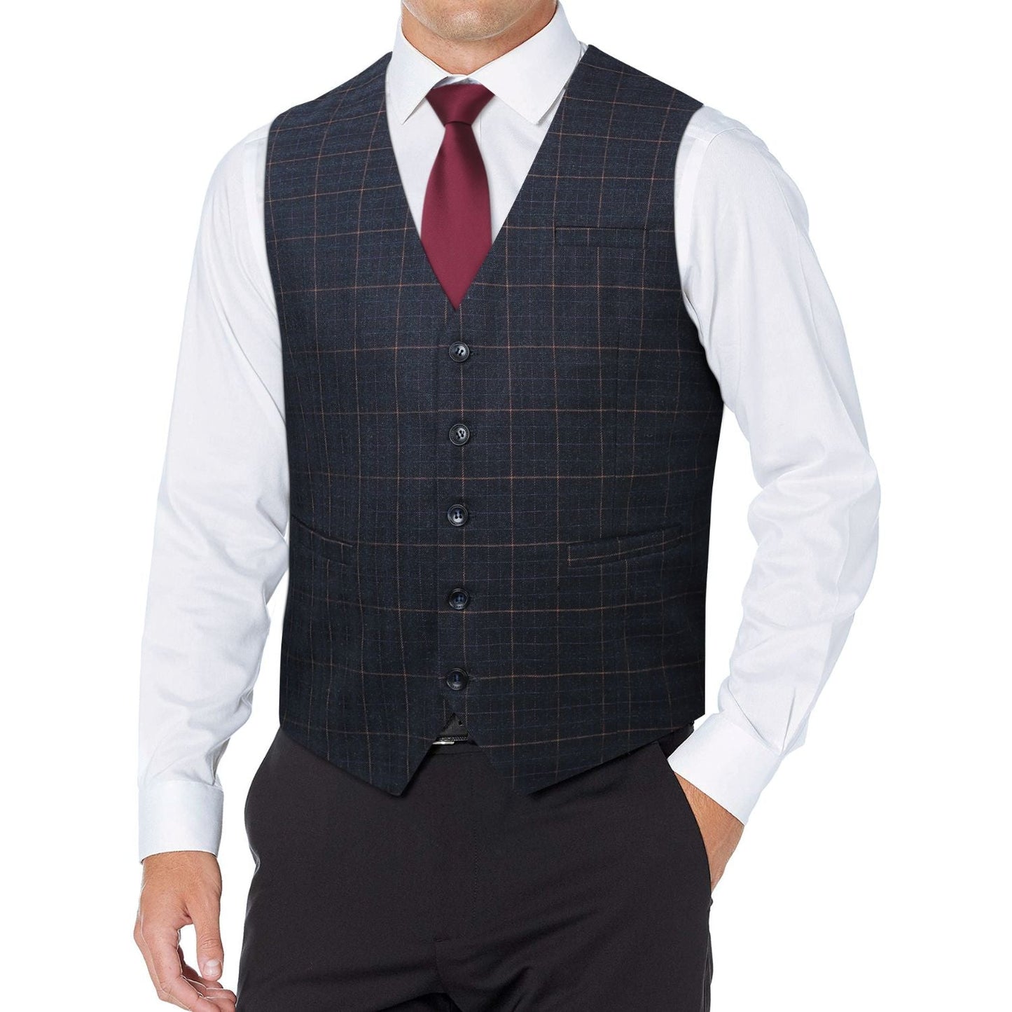 Hisdern Men's Charcoal Plaid Wedding Vest For Skinny Guys