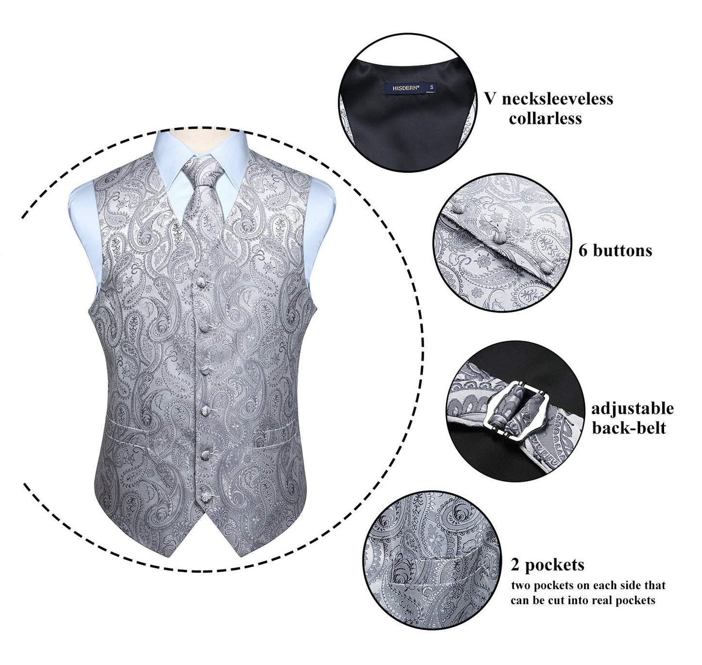 Hisdern Men's Grey Paisley Vest Tie Set For Weddings Anniversary