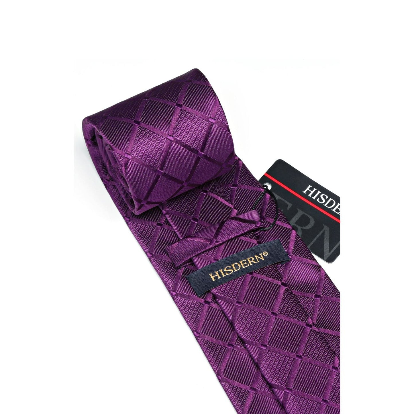 Hisdern Purple Plaid Wedding Accessories Set with Cufflinks Clip