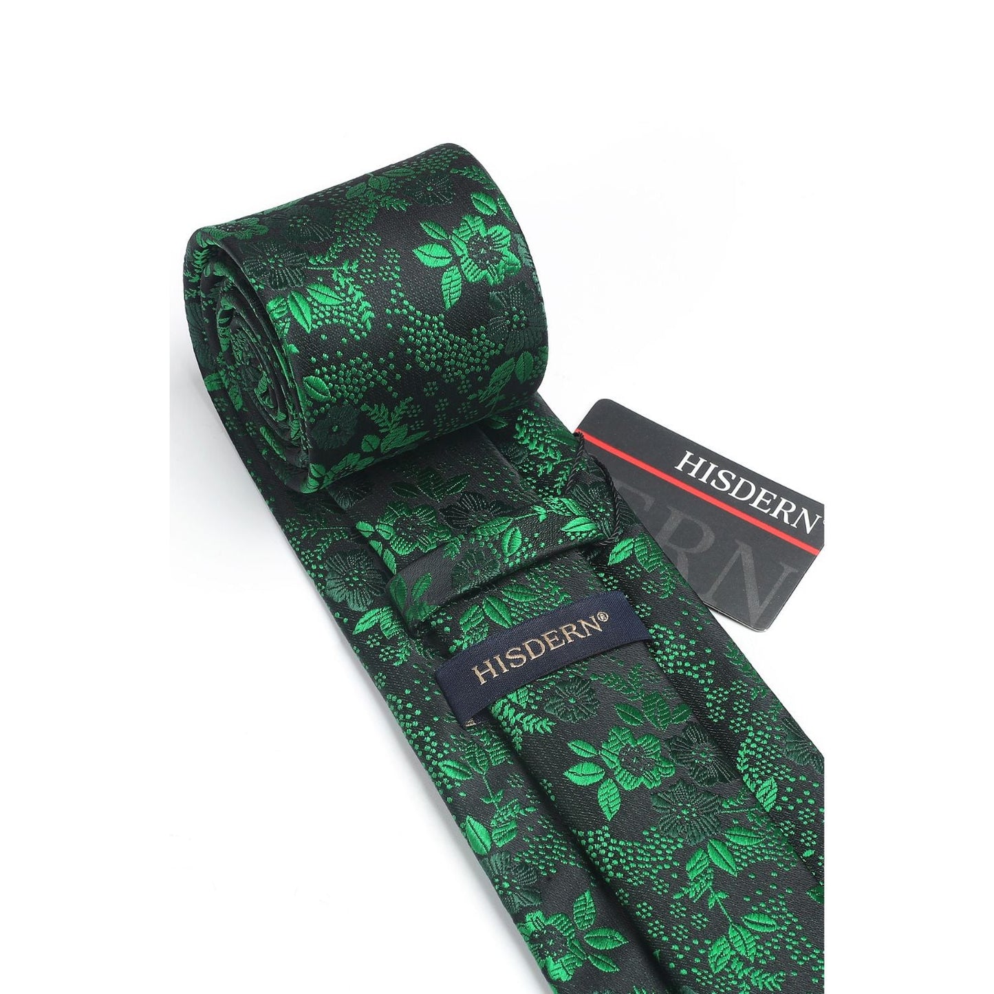 Hisdern Green Black Wedding Tie Set – Floral Tie & Pocket Square