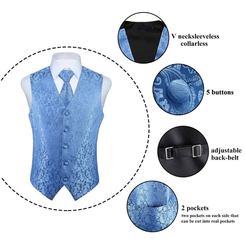 Hisdern Men's Baby Blue Paisley Vest Tie Set For Weddings