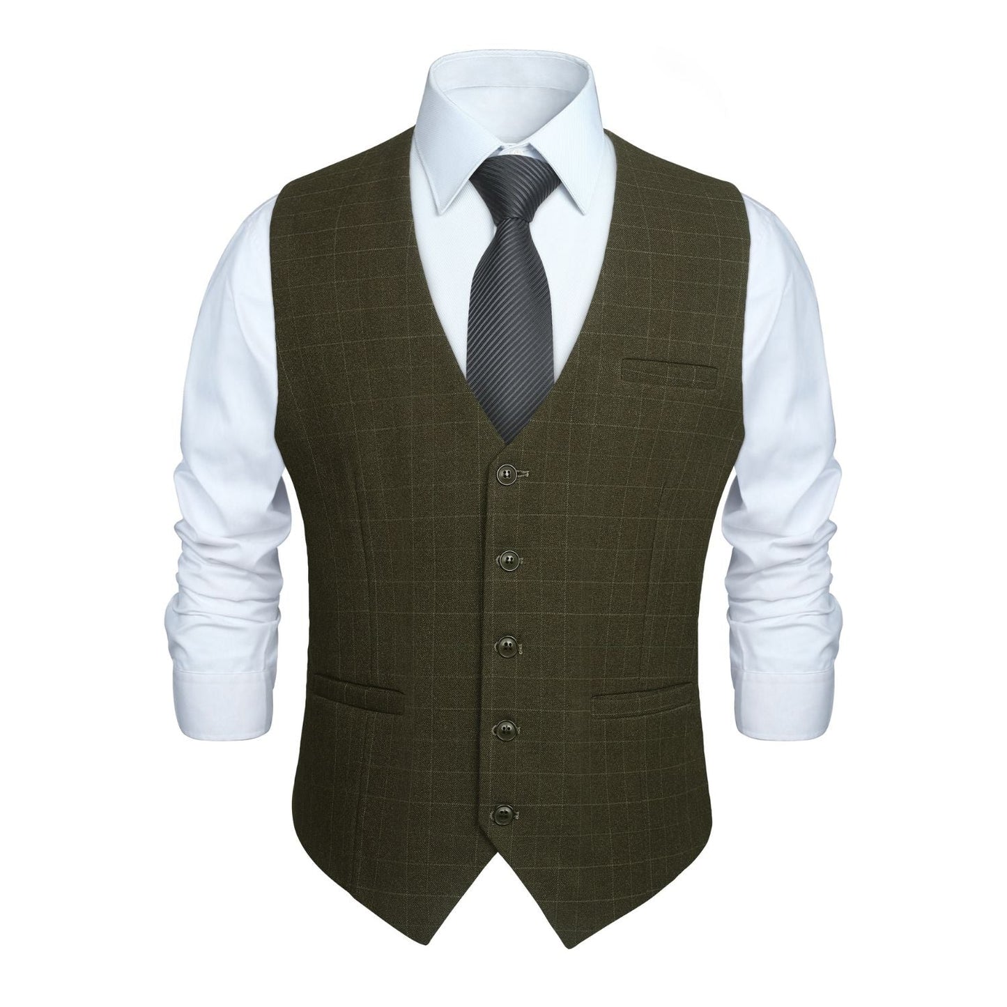 Hisdern Men's Olive Green Plaid Slim Suit Vest Formal Wear