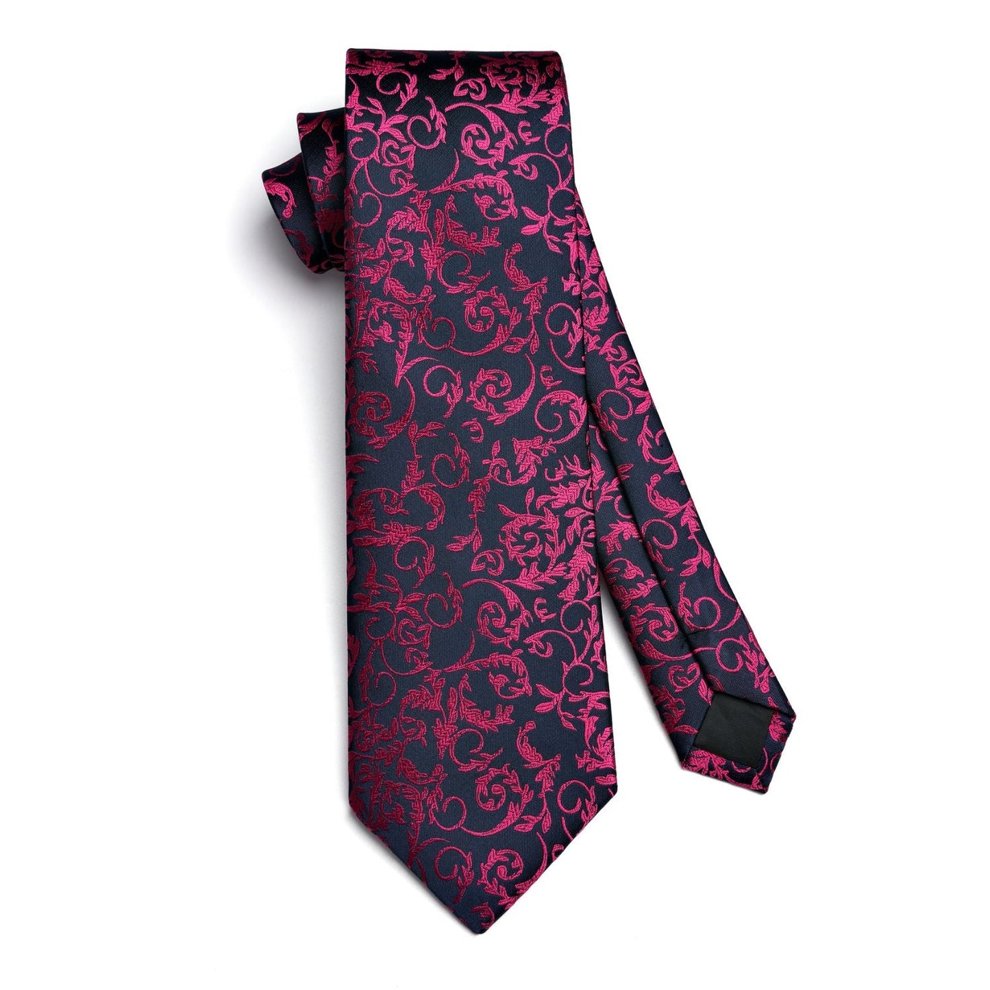 Hisdern Hot Pink Floral Wedding Tie Set with Cufflinks