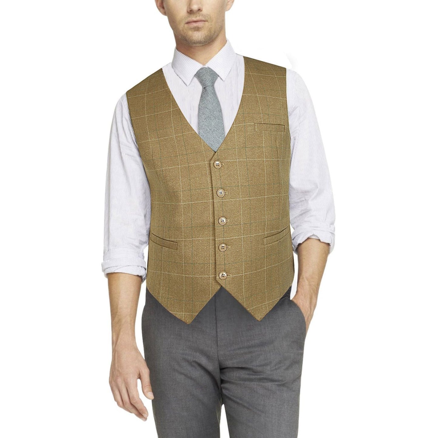 Hisdern Men's Khaki Plaid Wedding Vest For Skinny Guys