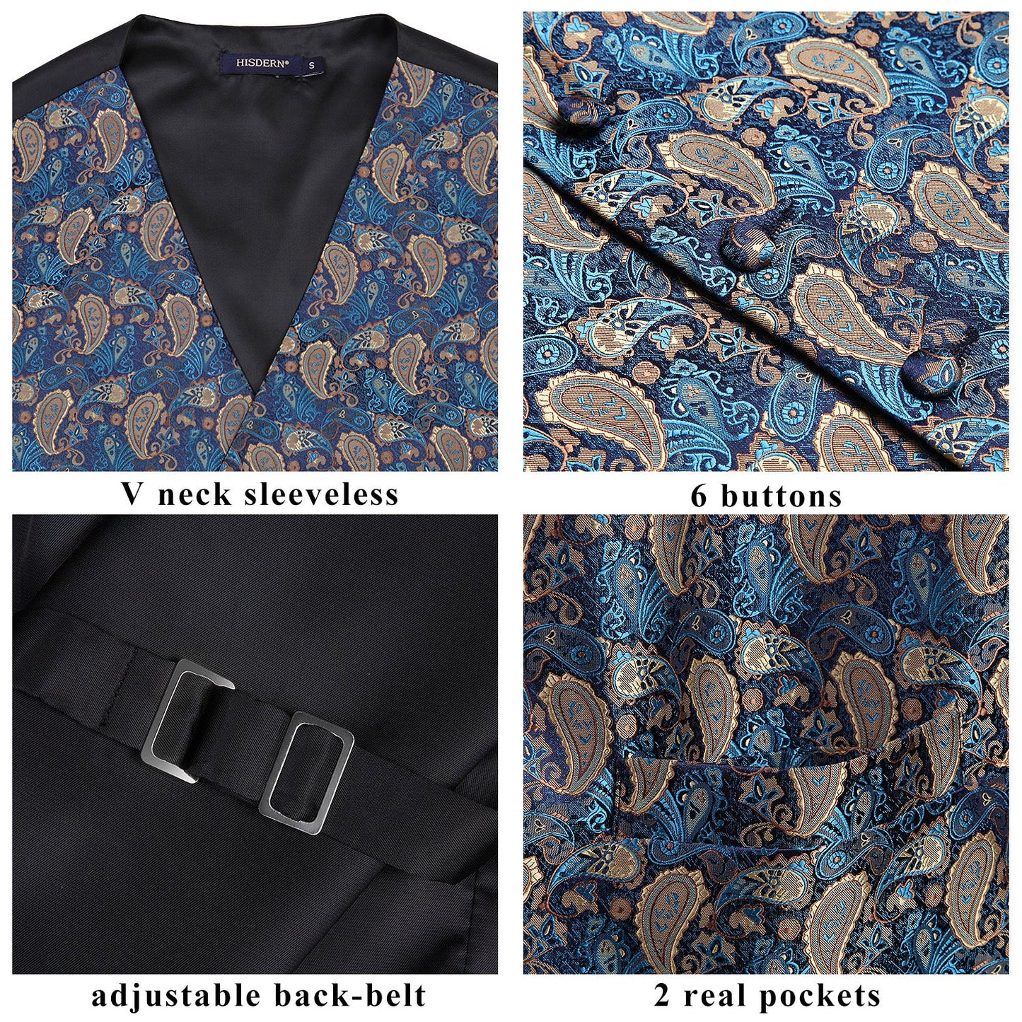 Hisdern Men's Navy Blue Brown Paisley Vest Tie Set For Weddings