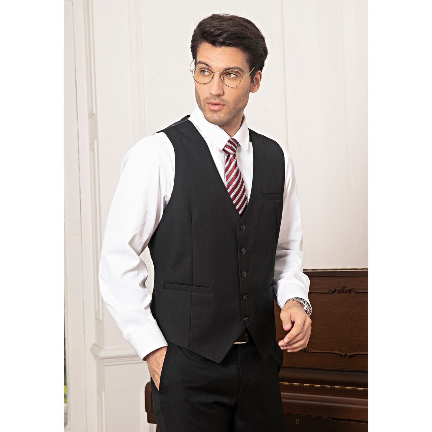 Hisdern Black Satin Foraml Vest - Formal Office Wear