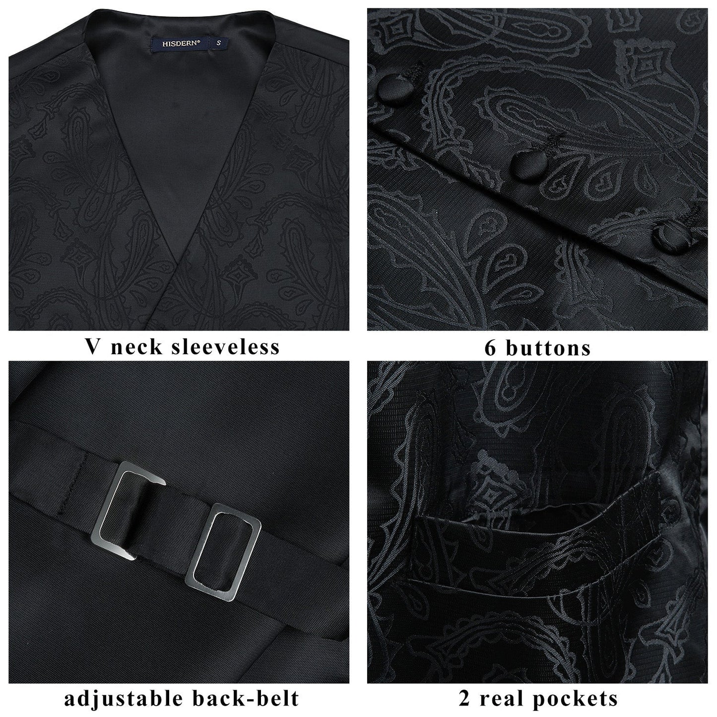 Hisdern Men's Black Paisley Vest Tie Set For Weddings