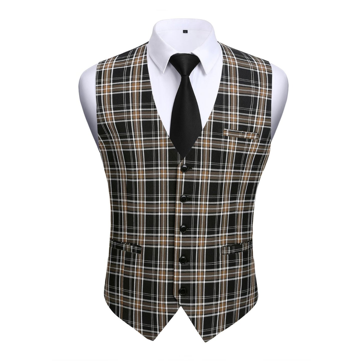 Hisdern Men's Brown Black Plaid Wedding Vest For Skinny Guys