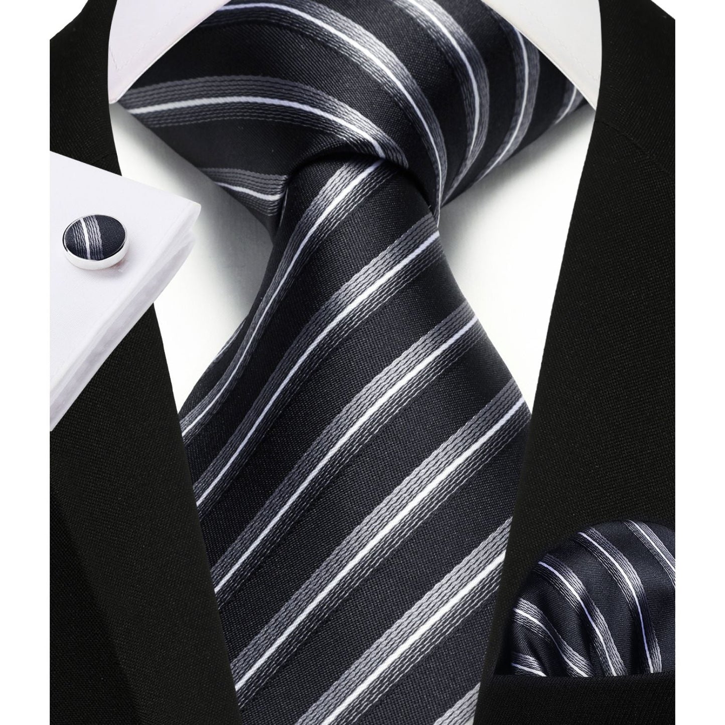 Hisdern Black Striped Dinner Accessories Set with Cufflinks