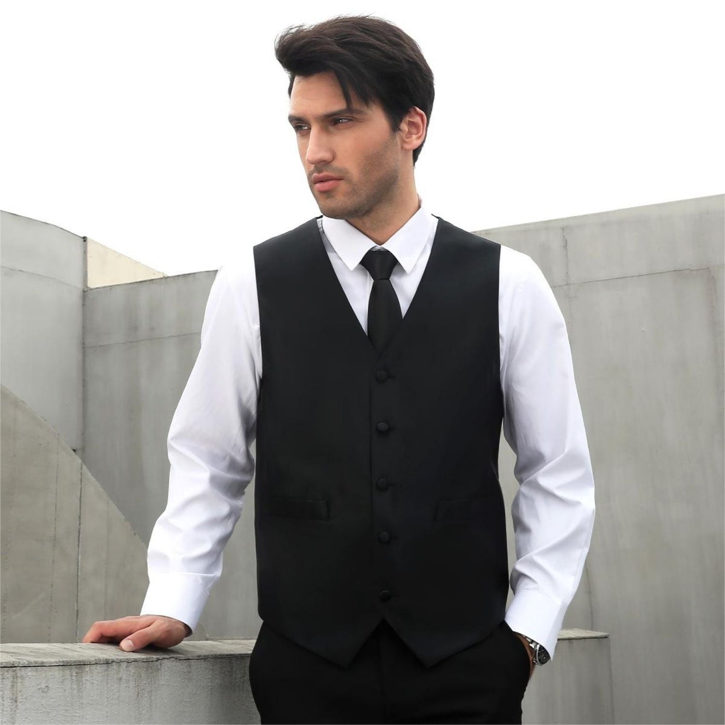 Hisdern BLACK Solid 3pc Suit Vest Set for wedding