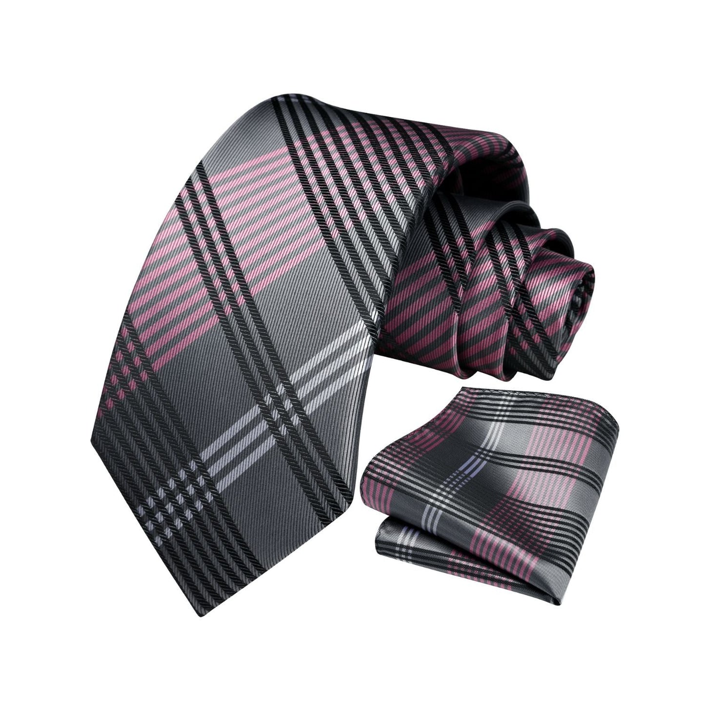 Hisdern Grey Pink Plaid Tie Set For Groomsmen